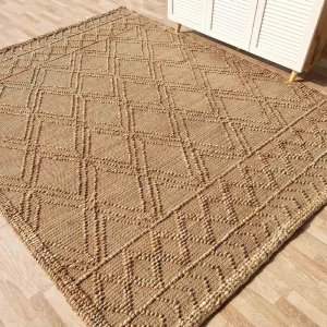 Handwoven Jute Carpets with a bohemian diamond weave design in a bright, modern living room.