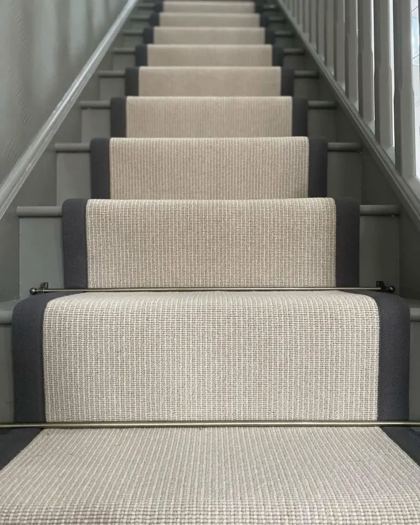 Modern Stair Runner Carpet, Beige Striped Pattern with Grey Border, Taped